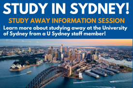 View of Sydney, Australia with words, "Study in Sydney!" and meeting information